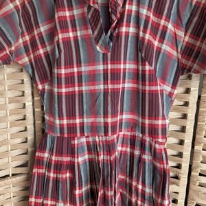 Vtg 50s Red Plaid Day Dress Rockabilly Pleated Full Skirt Side Zip Short Sleeve